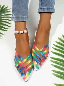 Eleganti sandali piatti a punta in mesh a strisce arcobaleno per donna estate moda