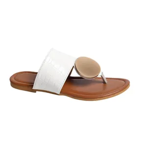 Elegant retro flat flip-flops with white crocodile texture and gold metal ornament
