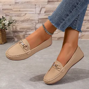 Women's Casual Loafers Soft Sole Flat Shoes Lychee Pattern PU Leather Metal Horsebit Buckle Rhinestone Decor Plus Size Shoes
