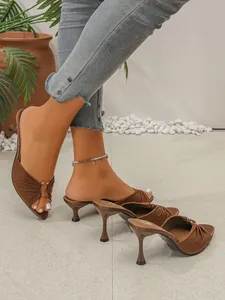 Elegant brown satin pointed toe stiletto mules for women summer fashion footwear high heels