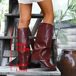 Elegant burgundy pointed toe chunky heel pant-leg boots with 34cm shaft and 4.5cm heel