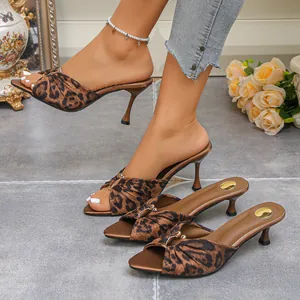 Women Pointed Open Toe Stiletto Slide Sandals 2026 Summer New Ruched Knot Gold Ring Fashion Leopard Black Khaki High Heels Mules Dress Shoes