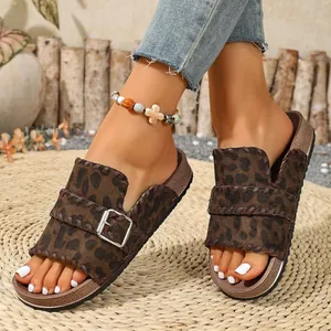 Stylish leopard print platform buckle slippers, perfect for chic summer beach outings.