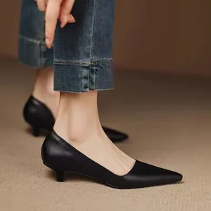 Classic elegant black pointed-toe kitten heel pumps for professional office wear.