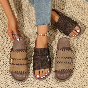 Stylish women's leopard print and brown platform buckle sandals for summer beach