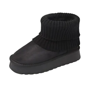 Winter black platform snow boots featuring a warm knitted collar and soft fleece lining