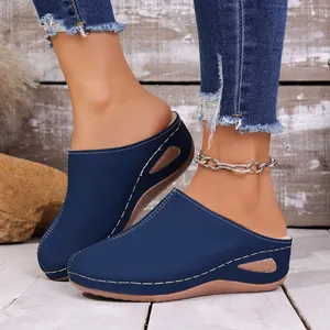 Mules à plateforme bleu marine confortables avec doublure en fourrure et coutures