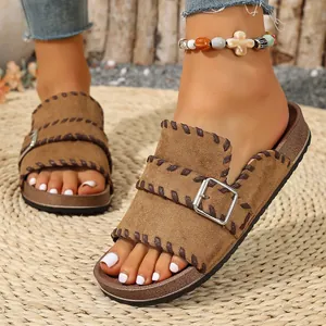 Women's stylish brown suede platform sandals with adjustable buckle and woven trim