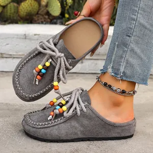 Women Suede Platform Mules Beaded Bohemian Closed Toe Slippers Thick Sole Casual Slip On Loafers Outdoor Autumn Fashion Shoes