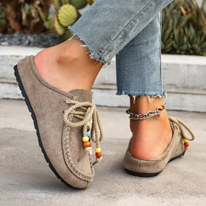 Casual women's brown suede beaded mules with hemp laces for autumn fashion wear