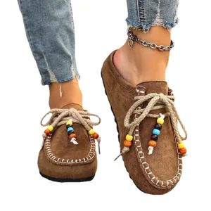 Bohemian brown suede platform mules for women featuring colorful beaded rope laces
