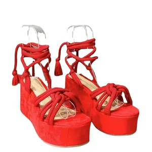 Stylish red fish mouth lace-up wedge sandals with high platform and rope tassels