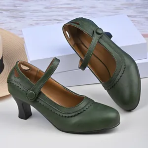 Klassische dunkelgrüne Mary Jane High Heels mit runder Kappe und geschwungenem Absatz