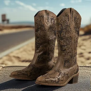 Vintage brown women's western cowboy boots with floral embroidery and chunky mid-heels