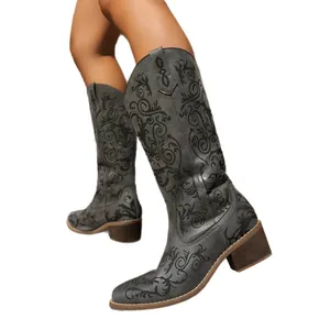Elegant grey embroidered western knee high boots with chunky heel and V-cut design