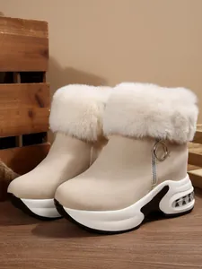 Close-up of warm beige snow boots with thick white fur trim and side zipper.