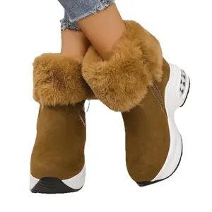 Botas de nieve marrones para mujer con suela gruesa, cuello de piel y cremallera lateral