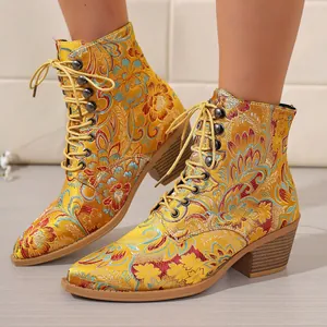 Damen Retro Satin Bestickt Stiefeletten Spitze Zehen Schnürung Blockabsatz Ethnische Florale Mode Stiefel Übergröße 36-43