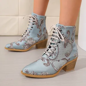 Elegant light blue embroidered satin ankle boots with lace-up front and block heel for women