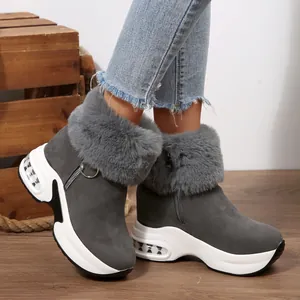 Stylish grey platform snow boots with side zipper and cozy faux fur lining.