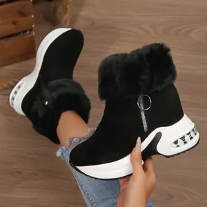 Stylish black faux fur snow boots for women featuring thick wedge platform and side zipper