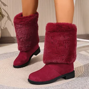 Stylish wine red faux fur high boots with chunky heels and suede stitching design