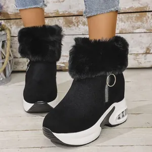 Women Winter Snow Boots Faux Fur Collar Muffin Wedge Thick Sole Warm Plus Velvet Casual Short Boots Side Zipper Air Cushion