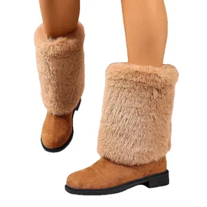 Elegant camel-colored faux fur high-top boots with chunky heels and round toe design