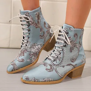 Vintage light blue jacquard floral ankle boots with lace-up front and block heel