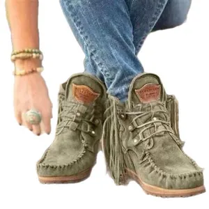Classic western olive green fringe ankle boots with lace-up design and moccasin toe
