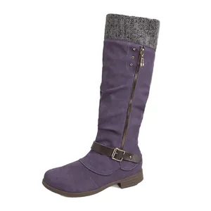 Elegant purple faux suede tall knight boots with buckle strap and cozy knitted collar