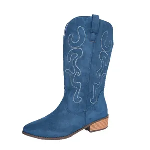 Blue suede pointed toe mid-calf cowboy boots with embroidered stitching and low heel