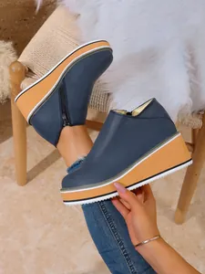 Vintage Keilabsatz-Stiefeletten für Damen in Marineblau mit Reißverschluss und Plateau