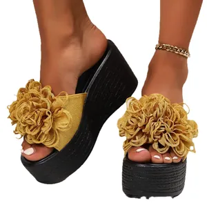 Elegant gold flower wedge platform slippers for women comfortable summer beach shoes