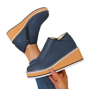 Modische blaue Vintage-Keilstiefeletten für Damen mit dicken Plateausohlen und Reißverschlüssen