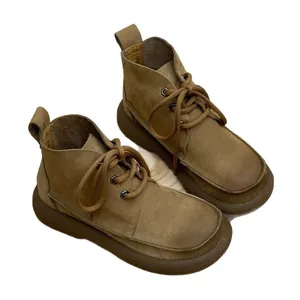 Retro brown lace-up leather ankle boots with thick chunky platform soles for winter style