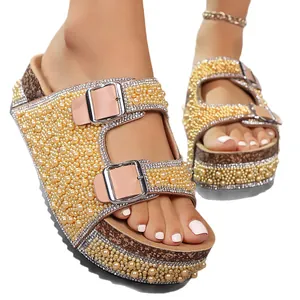 Elegant pearl and rhinestone platform sandals with cork sole and double buckle straps
