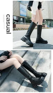 Close-up detail of women's black knee-high lace-up boots with a chunky platform sole