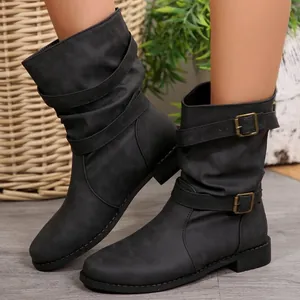 Élégantes bottes mi-mollet noires plissées pour femmes avec double boucle et talon bas