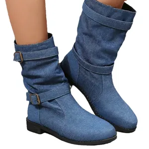 Bottes mi-mollet élégantes en denim bleu pour femmes avec lanières à boucles et bout rond