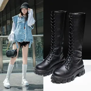 Women British Style Platform Knee High Boots Artificial PU Lace-up Side Zipper Solid Color Mid Heel Round Toe Slimming Boots