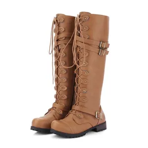 Women Knee High Riding Boots Round Toe Chunky Heel Buckle Strap Rivet Lace Up Side Zipper Western PU Leather Tall Boots