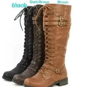 Vintage women's lace-up knee-high knight boots with buckle straps and round toe design