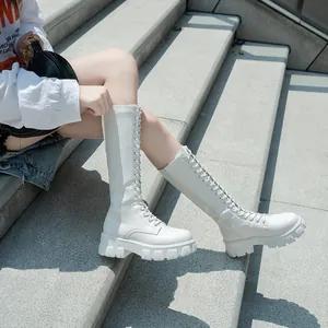 Stylish white tall boots with chunky platform soles and side zipper for women's fashion
