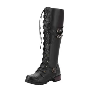 Black knee-high rider boots featuring multi-buckle straps and front lace-up design