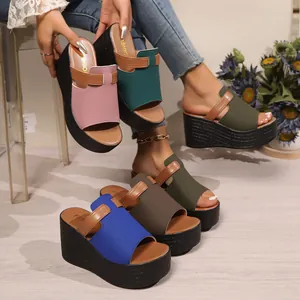 Mules Compensées à Plateforme pour Femmes Été Bloc de Couleur Semelle Épaisse Bout Ouvert Mode Style Occidental Décontracté