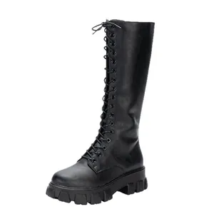 Women's black lace-up knee-high platform boots with chunky sole and side zipper