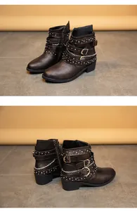 Two-panel detail view of brown studded Martin boots with buckle straps and chains