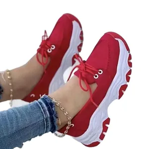 Red women's thick-soled sneakers with comfortable platform for casual running