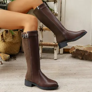 Classic dark brown knee-high boots for women featuring side zipper and metal belt buckle decoration